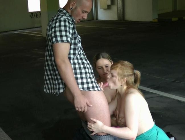 Public Doppel-Blowjob mit Freundin im Parkhaus