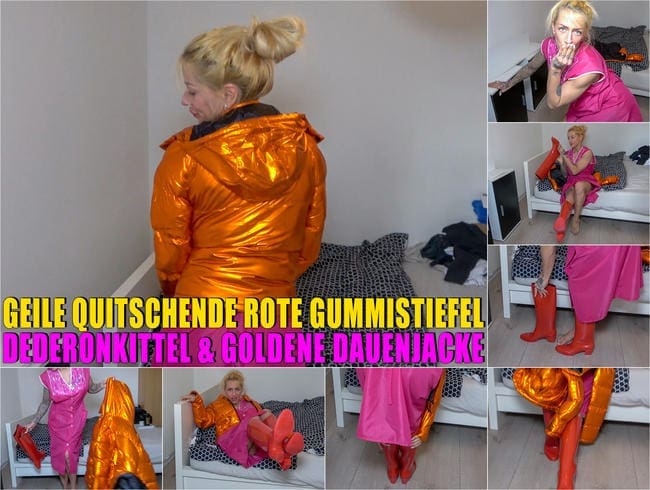 Goldene glanz Daunenjacke pinker Dederonkittel und rote Gummistiefel im Gästezimmer